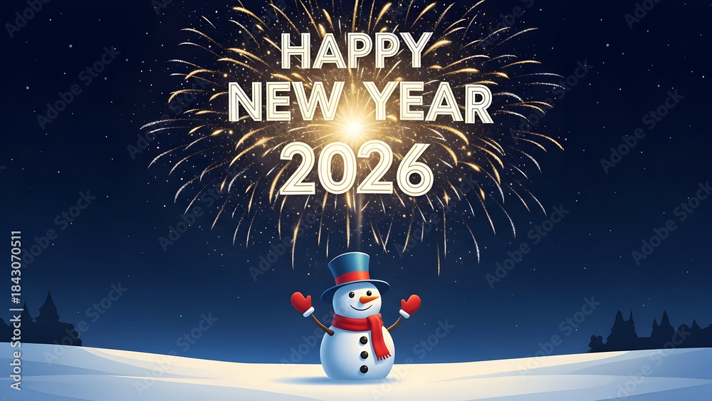 Fototapeta premium Happy New Year 2026 greeting with fireworks and snowman on blue night background.