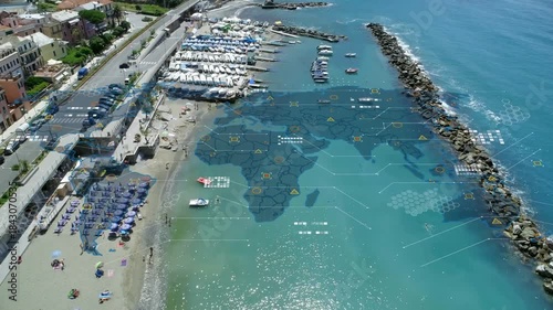 Drone approaching coastline, world-map HUD fading in and shifting, visualizing marine network