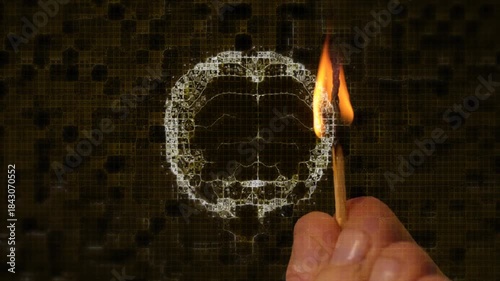 Lit match igniting brain sketch, hand holding match brushing right edge, visualizing neural decay