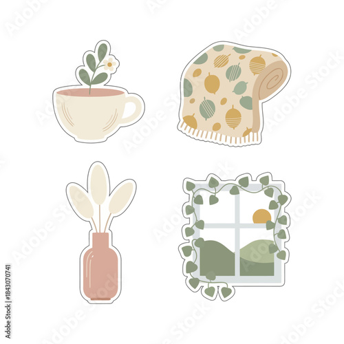 cozy hygge home decor sticker set with tea cup blanket houseplants and sunrise window perfect for autumn lifestyle planners