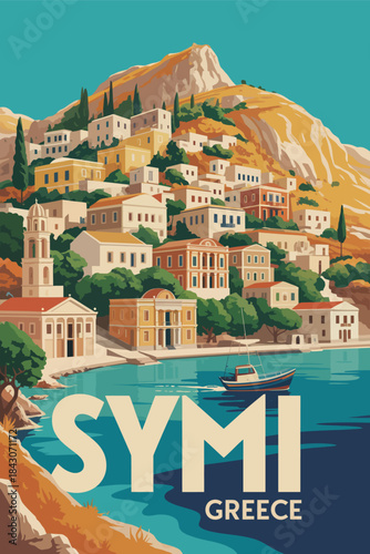 Symi Greece island poster travel, featuring an old village with white buildings, colorful harbor houses, and Mediterranean seascape, illustrated in a vintage