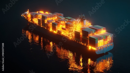 Fototapeta Naklejka Na Ścianę i Meble -  Container ship, luminous cargo blocks forming abstract patterns, 3D illustration.