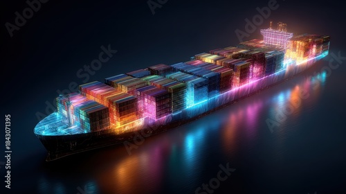Fototapeta Naklejka Na Ścianę i Meble -  Container ship, luminous cargo blocks forming abstract patterns, 3D illustration.