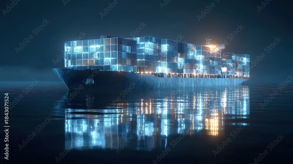 Obraz premium Container ship, luminous cargo blocks forming abstract patterns, 3D illustration.