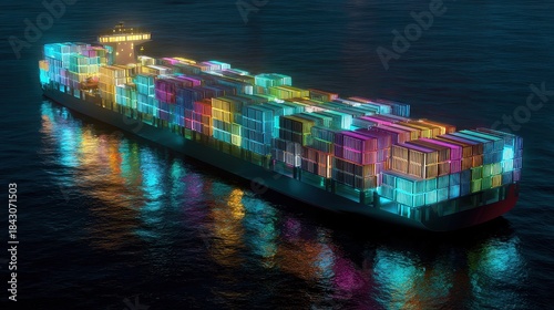 Fototapeta Naklejka Na Ścianę i Meble -  Container ship, luminous cargo blocks forming abstract patterns, 3D illustration.