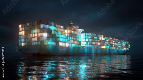 Fototapeta Naklejka Na Ścianę i Meble -  Container ship, luminous cargo blocks forming abstract patterns, 3D illustration.