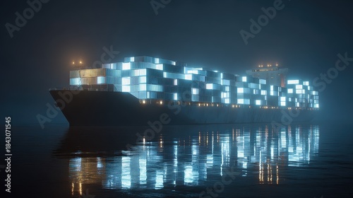 Fototapeta Naklejka Na Ścianę i Meble -  Container ship, luminous cargo blocks forming abstract patterns, 3D illustration.