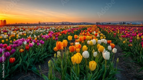 Vibrant tulip field at sunset with warm tones. AI image