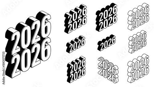 Isometric year 2026 set black and white 3 d illustration for design