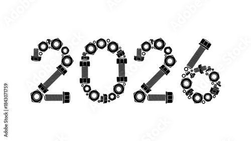 Mechanical 2026 digitized year crafted from nuts bolts and industrial elements
