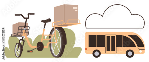 Cargo bike with parcel carrier and sleek bus highlight sustainable urban transport. Ideal for eco-logistics, public transport, urban delivery, green energy, mobility solutions, sustainability, simple
