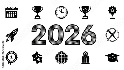 Year 2026 icon set calendar rocket trophy clock graduation cap vector