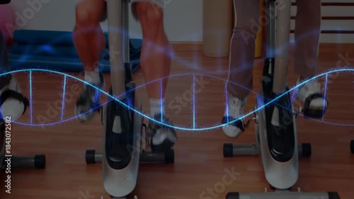 Waveform appearing, three riders pedaling bikes, cadence rising then steadying to show group rhythm