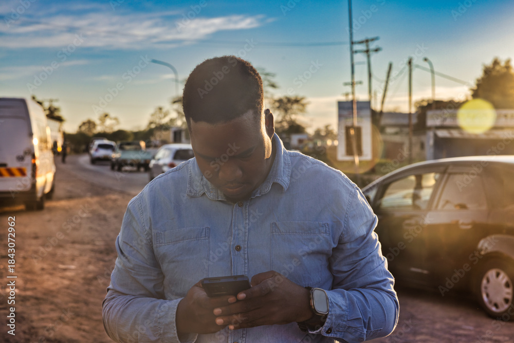 Naklejka premium single young african men using a phone in old town at station trading area at sunrise, Johannesburg, South Africa, casual clothing