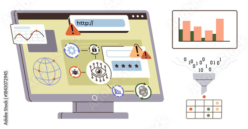 Computer monitor with warning alerts, web icons, charts, globe, eye symbol, data filter, and binary code. Ideal for cybersecurity, data analysis online safety technology risk management research