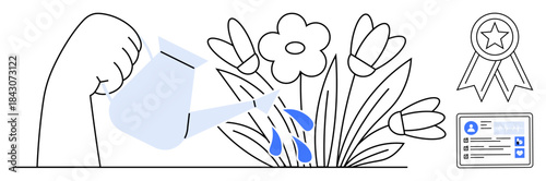 Success, growth, motivation, leadership, identity, personal development. Hand pouring water on blooming flowers, medallion and ID badge. Growth and success concepts through nurturing and recognition