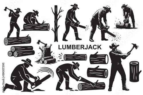 Black and white vector illustration set of lumberjack silhouettes cutting trees with axes and chainsaws, including logs, tree stumps, and woodcutting actions in a vintage style.
