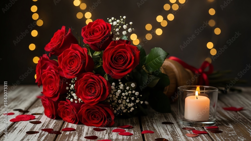 Obraz premium Romantic Red Roses Bouquet with Candlelight for Valentine’s Day Love & Anniversaries