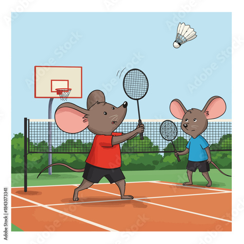 two cartoon mice playing badminton on an outdoor court one hitting a shuttlecock mid-air an active illustration of sports and fun.