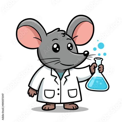 cartoon lab mouse scientist holding blue chemical flask in white coat isolated cute vector mascot for science education design