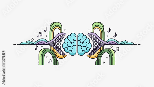 A symmetrical illustration of a human brain surrounded by abstract sound waves and musical notes, depicting the connection between mind and music.