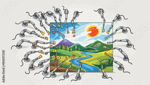 Robotic arms with brushes painting a vibrant landscape scene with mountains, a river, and a sun in a blue sky, illustrating artificial intelligence in art.