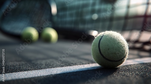 Focused composition of tennis balls and racquet on a grey textured court