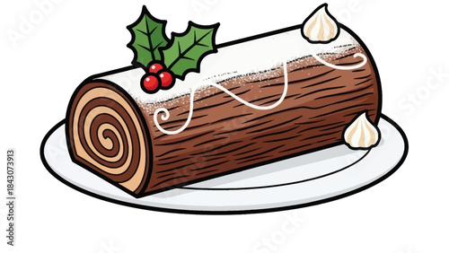 A festive Yule log cake decorated with holly and meringue on a white plate.