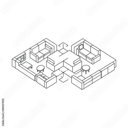isometric living room floor plan with sectional sofas and coffee tables in modern apartment interior layout ideal for architecture design