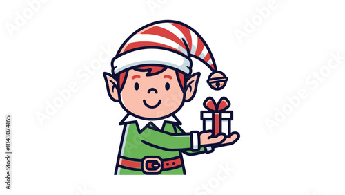 A cute cartoon Christmas elf wearing a striped hat and green tunic, smiling while holding a small gift box with a red bow.