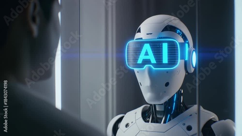 Human Interacting with AI Reflection in Mirror Representing Future Technology Virtual Reality and Digital Transformation