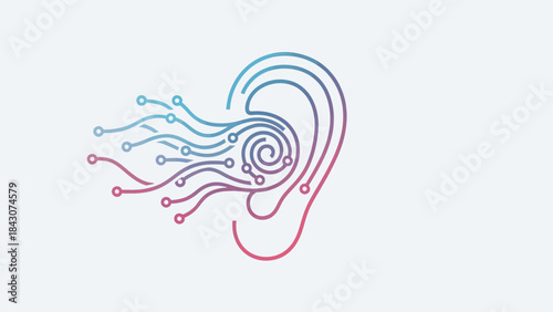 Stylized outline of a human ear with digital circuit lines and dots flowing out, representing sound, technology, and artificial intelligence.