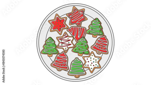 A plate filled with festive Christmas cookies decorated with red and green icing and sprinkles, featuring various holiday shapes.