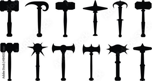 Collection of Black Silhouettes of Medieval Weapons and Hammers mace war hammer