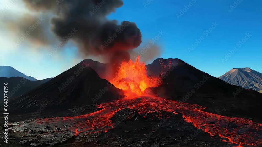 Spectacular Volcanic Eruption with Molten Lava Flowing Downside and Ash ...