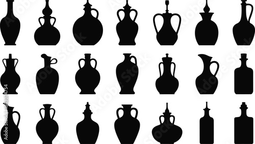 Collection of twenty-one black silhouette ancient amphorae vases and bottles on white pottery ceramic