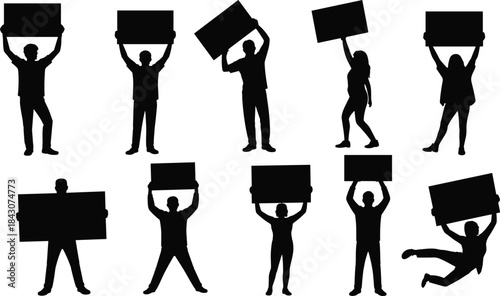 Diverse Group of Black Silhouettes Holding Blank Signs for Protests or Messages people