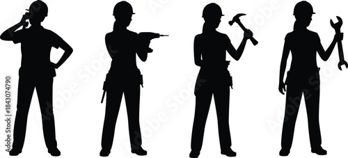 Four black silhouette female construction workers with tools and equipment woman