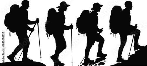 Silhouette of four hikers with backpacks and trekking poles on white background hiking