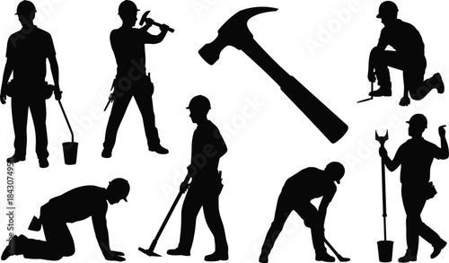 Silhouettes of Construction Workers with Tools and Hammer builder laborer