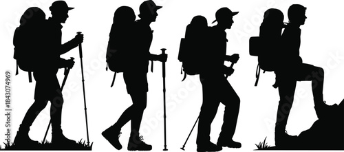 Silhouette of four hikers with backpacks and trekking poles on white background hiking