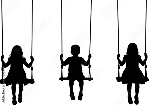 Children Kids on Swing Silhouette Set, Happy Boy and Girls Swinging in Park, Playground Equipment and Childhood Fun Vector Graphic Illustration.Children Kids on Swing Silhouette Set, 