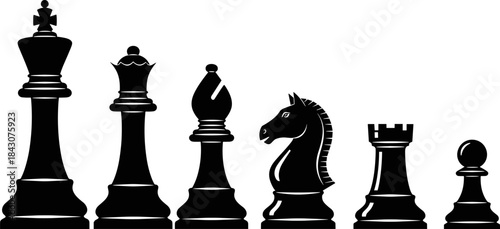 Chess Pieces Black Silhouettes Set, King, Queen, Knight, 