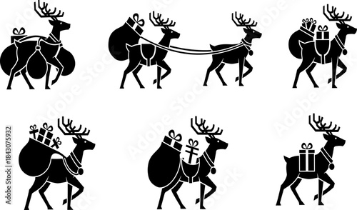 Christmas Reindeer Silhouettes Carrying Gifts, Santa's Sleigh and Present Sacks, Holidays Seasonal Design, Black Vector Icons Isolated on White, Winter Celebration Symbols