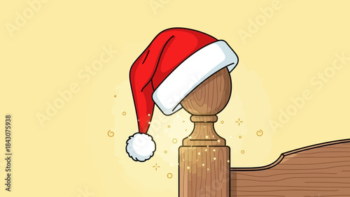 A festive red Santa hat with a white pompom resting on a wooden bedpost finial, with a light yellow background and subtle sparkles.