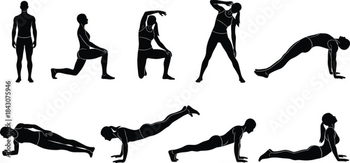 Fitness exercise silhouette vector set with stretching, strength, core poses, black workout icon collection for health and design