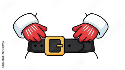 A cartoon illustration of Santa Claus's hands in red gloves adjusting his black belt with a golden buckle.