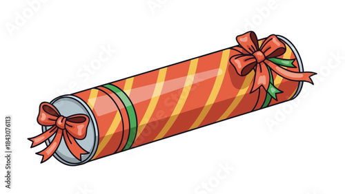 A festive Christmas cracker with red and orange stripes and red bows at each end.