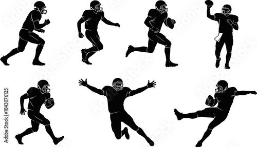 Collection of American Football Player Silhouettes Running, Catching, Kicking, and Tackling with Helmet and Ball for Sport Action and Team Game Vector Illustration