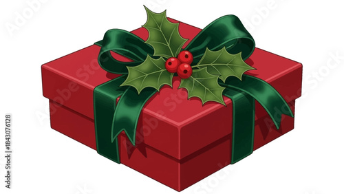 A red gift box with a green ribbon and holly leaves with red berries, perfect for Christmas or holidays.
